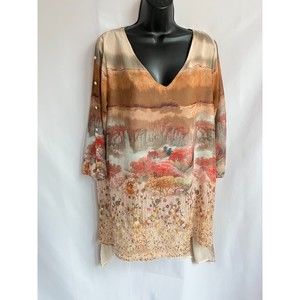 V Cristina Colorful Tunic Blouse sze L Pearls Scenery Novelty 3/4 Sleeve Chiffon